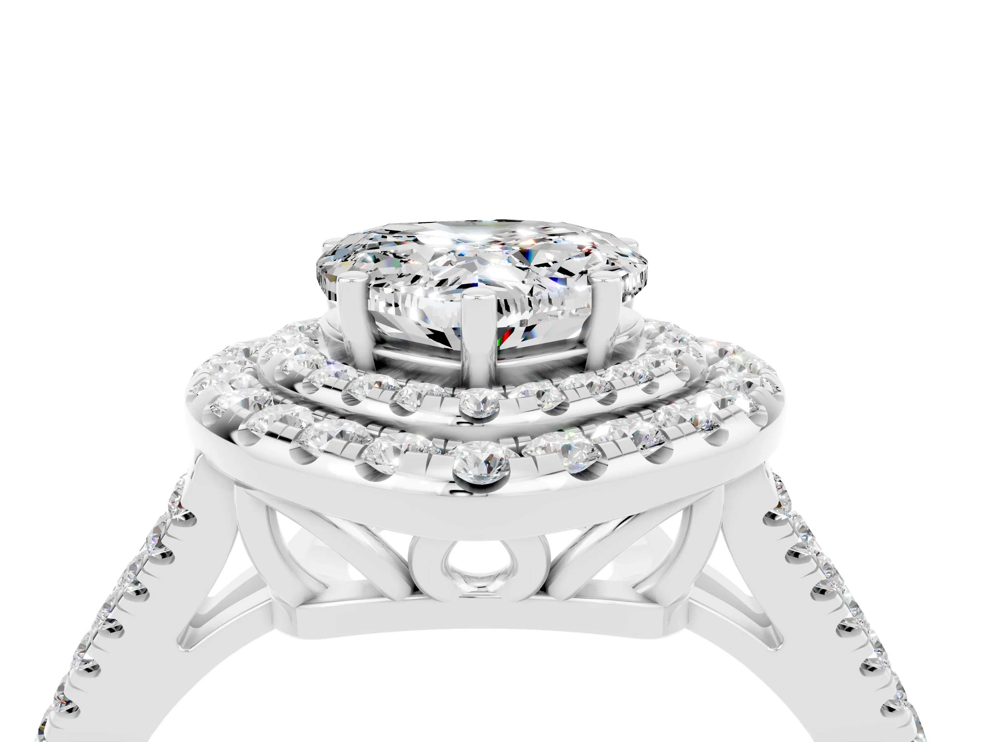 White gold Heart Cut Moissanite Double Halo Ring with Pavé Band and Prong Setting_16