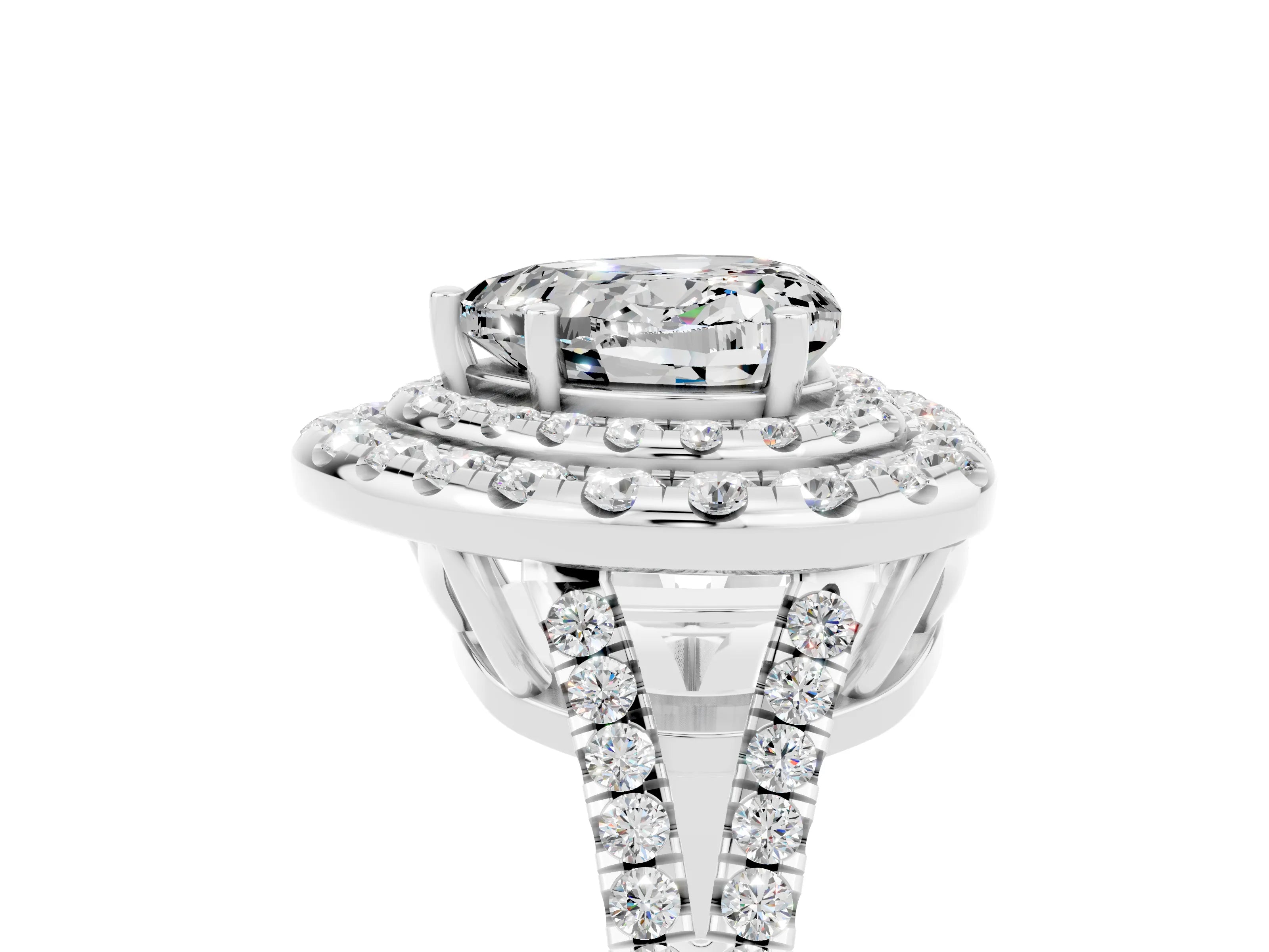 White gold Heart Cut Moissanite Double Halo Ring with Pavé Band and Prong Setting_17