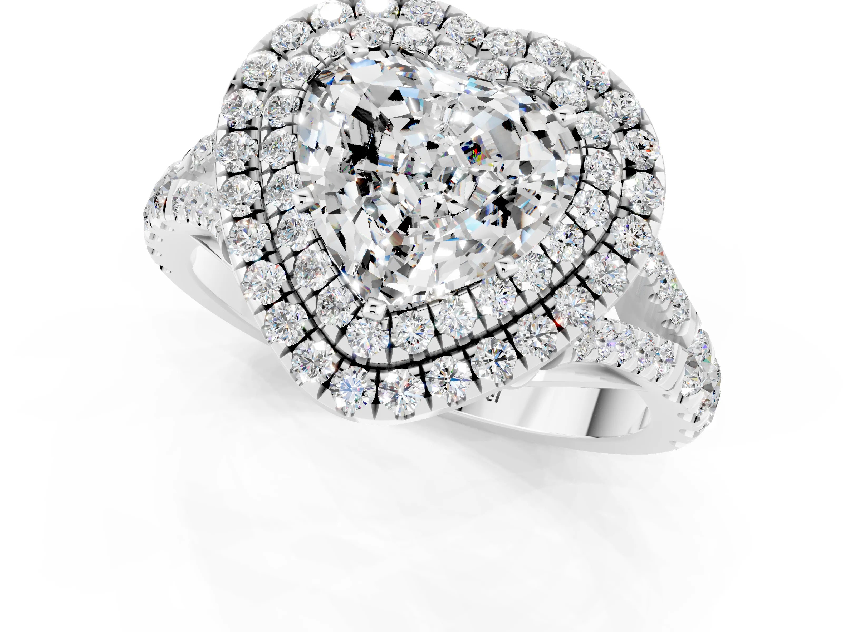 White gold Heart Cut Moissanite Double Halo Ring with Split Shank and Prong Setting_13