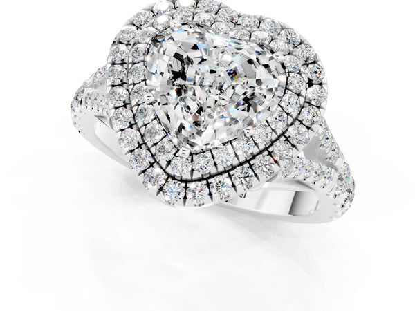 Silver Heart Cut Moissanite Double Halo Ring with Split Shank and Prong Setting