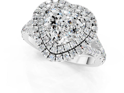 White gold Heart Cut Moissanite Double Halo Ring with Split Shank and Prong Setting_13