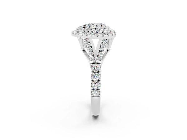 Platinum Heart Cut Moissanite Double Halo Ring with Split Shank and Prong Setting