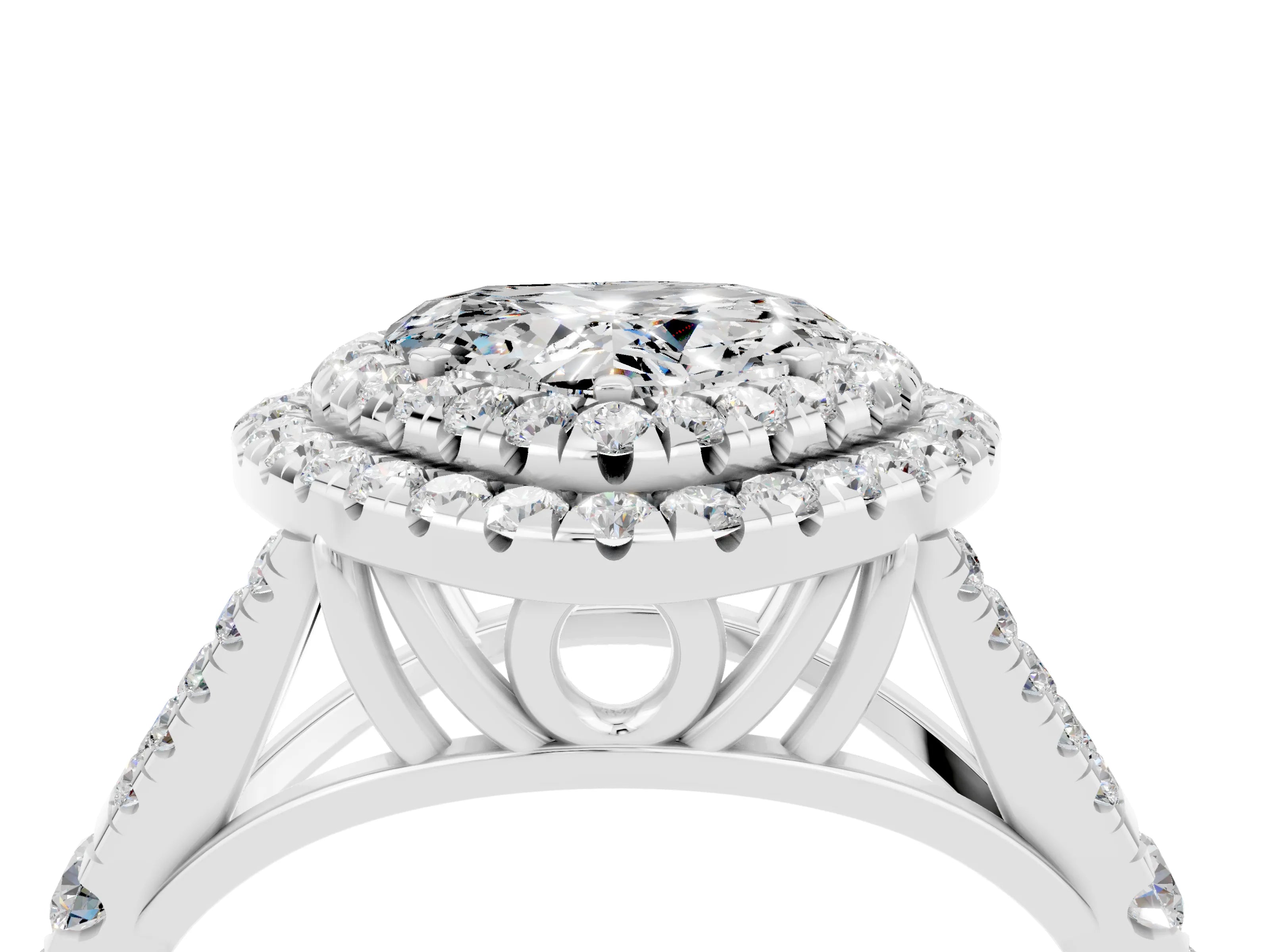 White gold Heart Cut Moissanite Double Halo Ring with Split Shank and Prong Setting_16