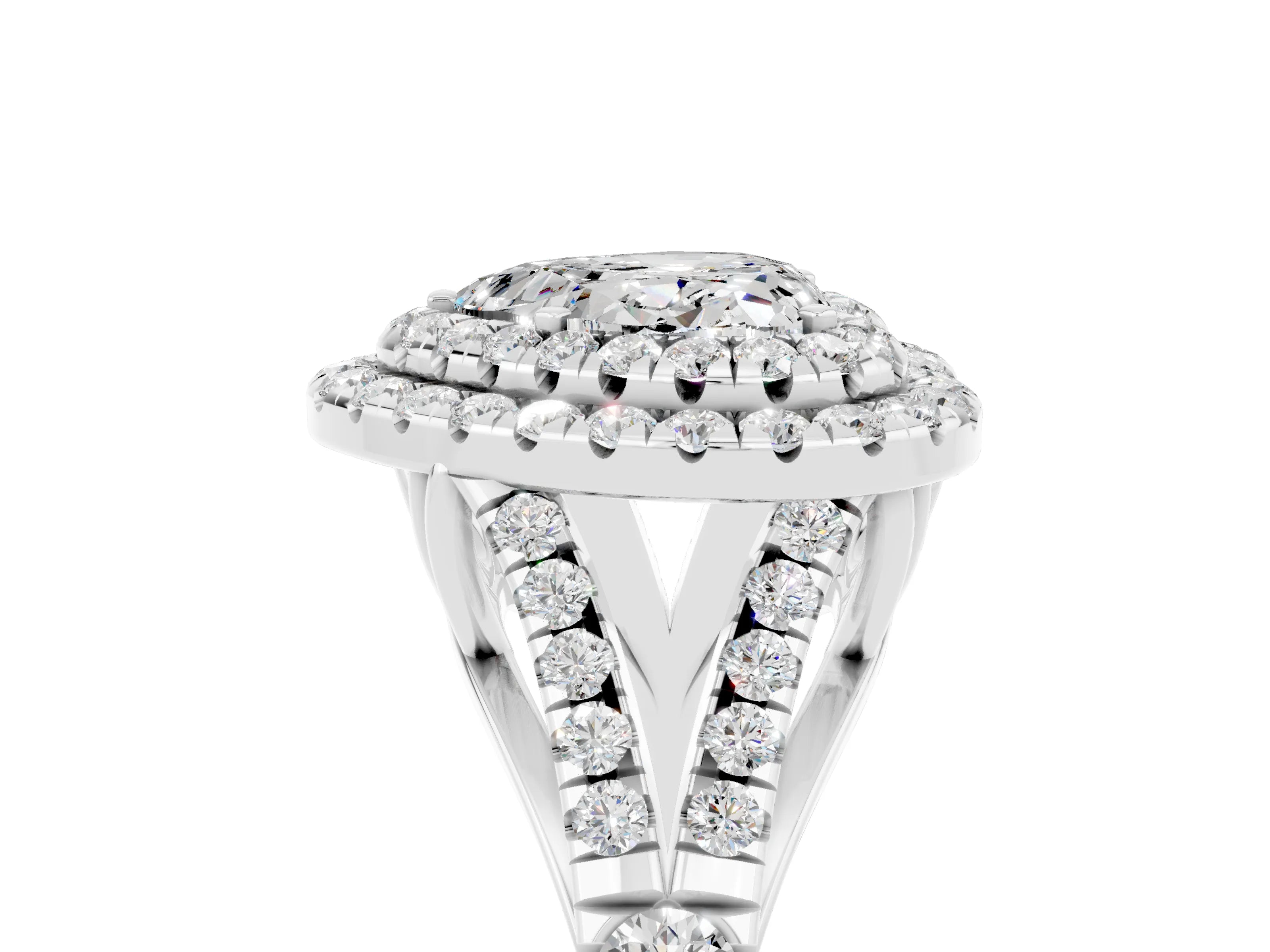 White gold Heart Cut Moissanite Double Halo Ring with Split Shank and Prong Setting_17