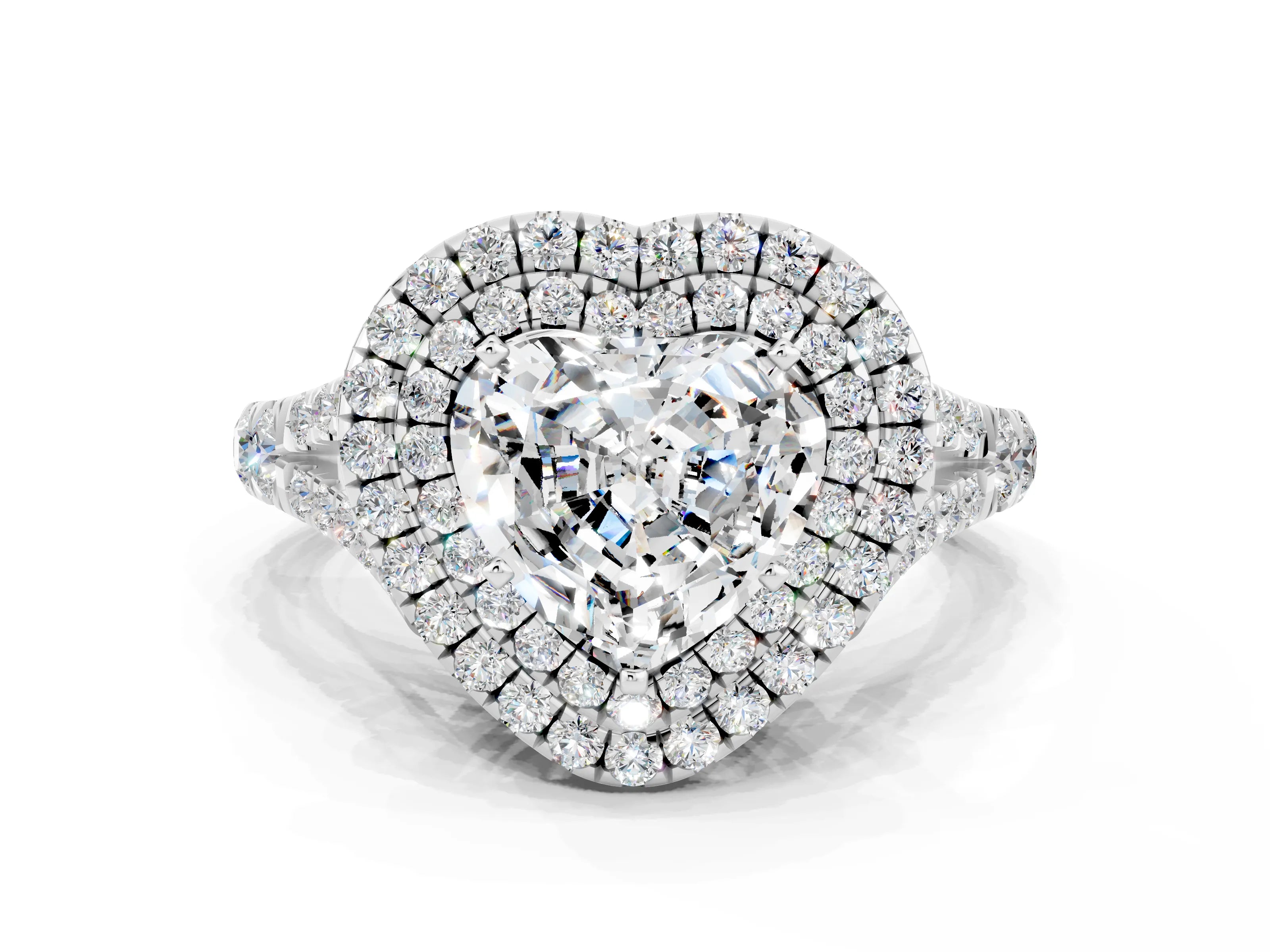 White gold Heart Cut Moissanite Double Halo Ring with Split Shank and Prong Setting_24