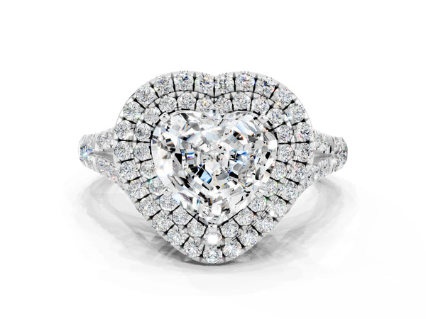 White gold Heart Cut Moissanite Double Halo Ring with Split Shank and Prong Setting