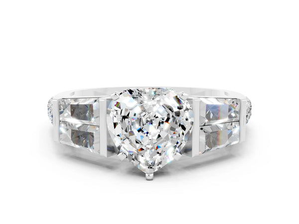Platinum Heart Cut Moissanite Engagement Ring with Baguette Side Stones and Channel Set Band