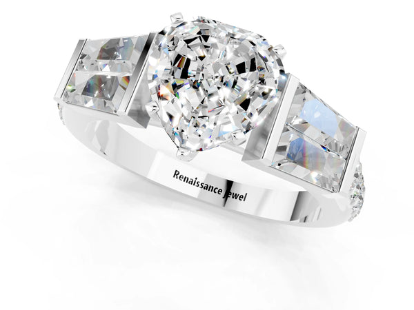 Platinum Heart Cut Moissanite Engagement Ring with Baguette Side Stones and Channel Set Band