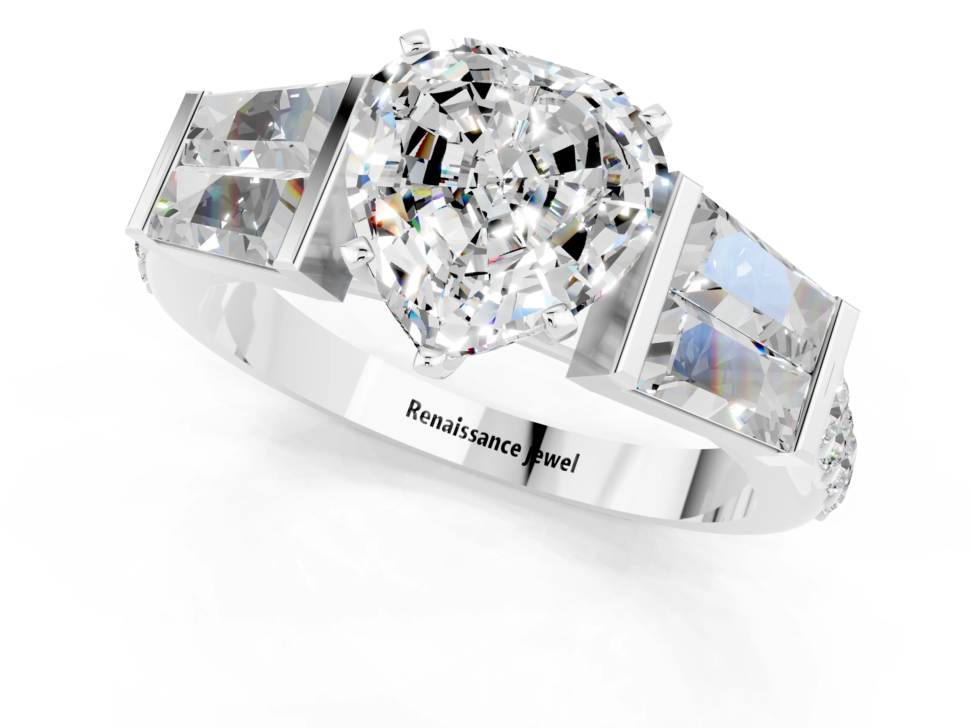 White gold Heart Cut Moissanite Engagement Ring with Baguette Side Stones and Channel Set Band_1