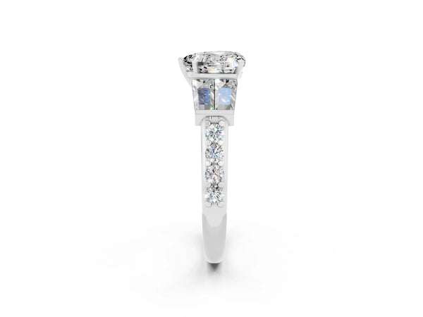 Platinum Heart Cut Moissanite Engagement Ring with Baguette Side Stones and Channel Set Band