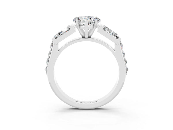 Platinum Heart Cut Moissanite Engagement Ring with Baguette Side Stones and Channel Set Band