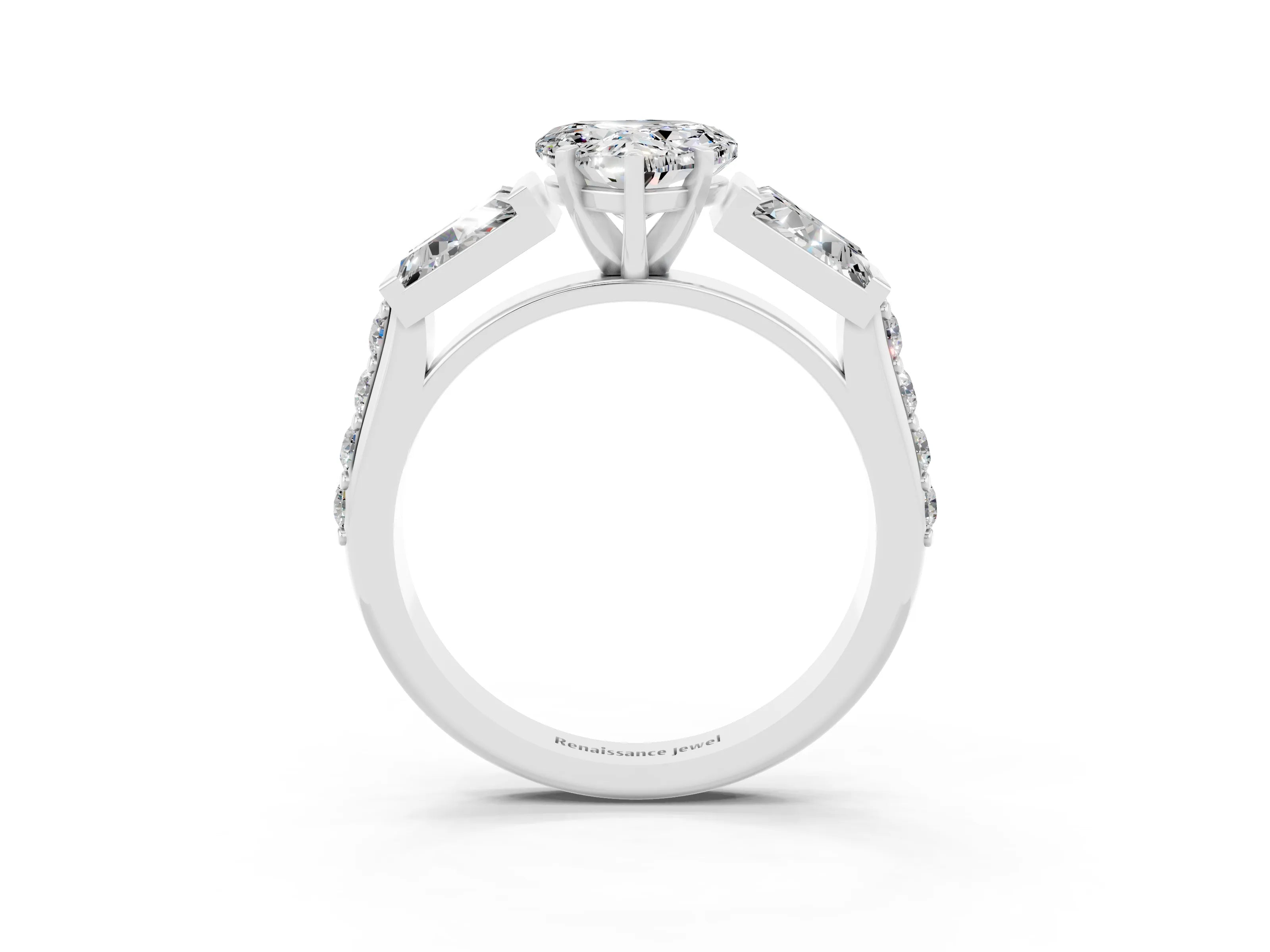 White gold Heart Cut Moissanite Engagement Ring with Baguette Side Stones and Channel Set Band_3