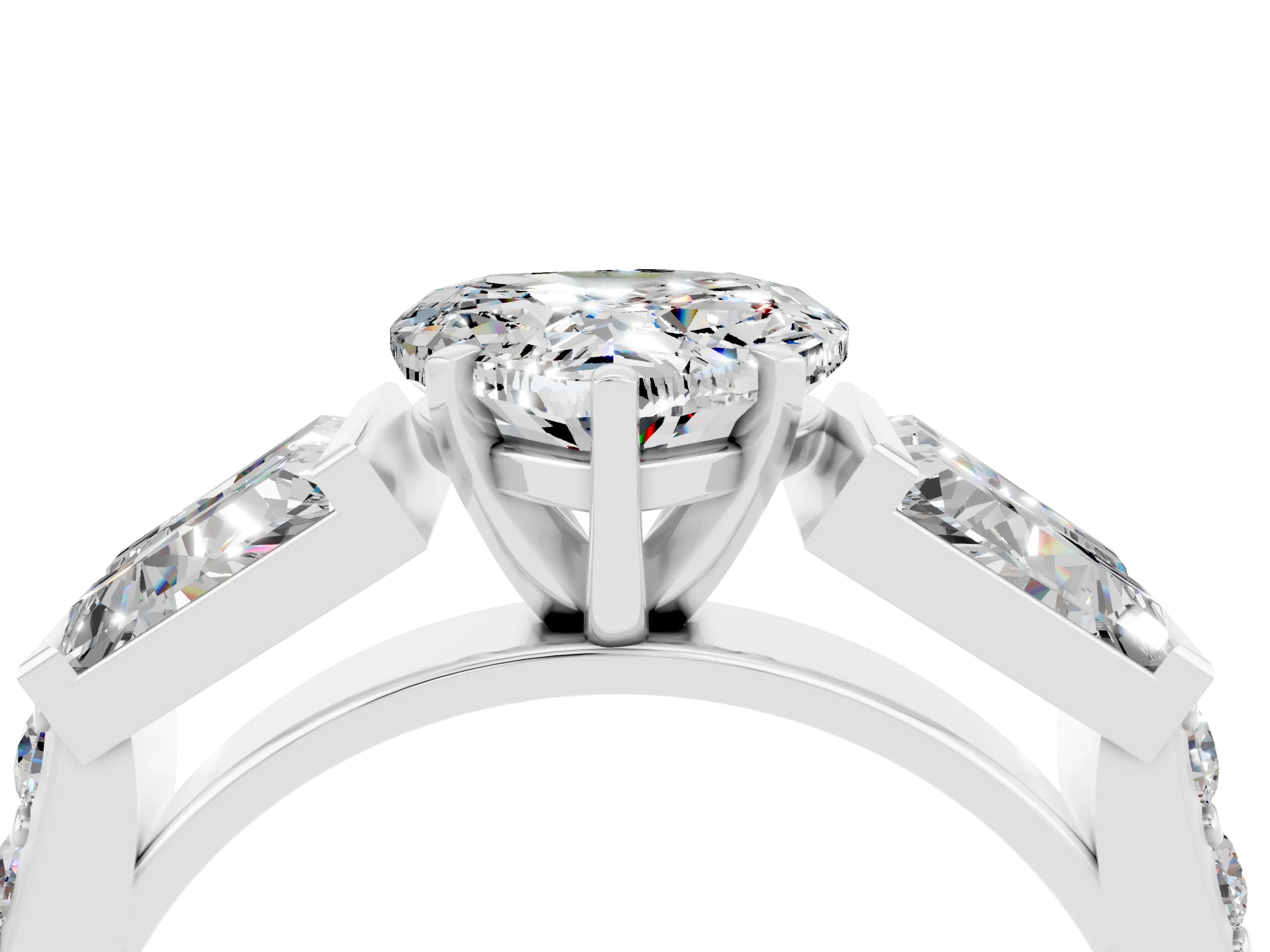White gold Heart Cut Moissanite Engagement Ring with Baguette Side Stones and Channel Set Band_4