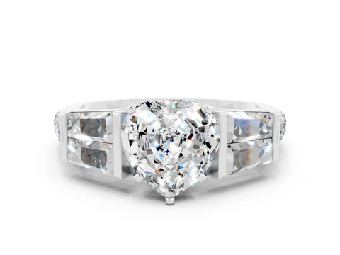 White gold Heart Cut Moissanite Engagement Ring with Baguette Side Stones and Channel Set Band
