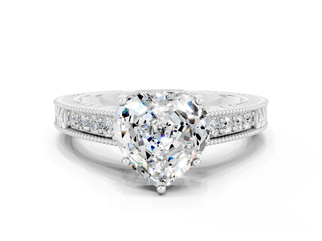 White gold Heart Cut Moissanite Engagement Ring with Milgrain Channel Set Band and Prong Setting