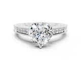 White gold Heart Cut Moissanite Engagement Ring with Milgrain Channel Set Band and Prong Setting