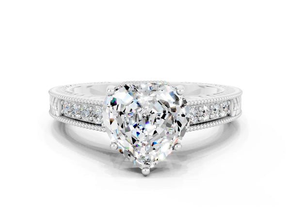 Platinum Heart Cut Moissanite Engagement Ring with Milgrain Channel Set Band and Prong Setting