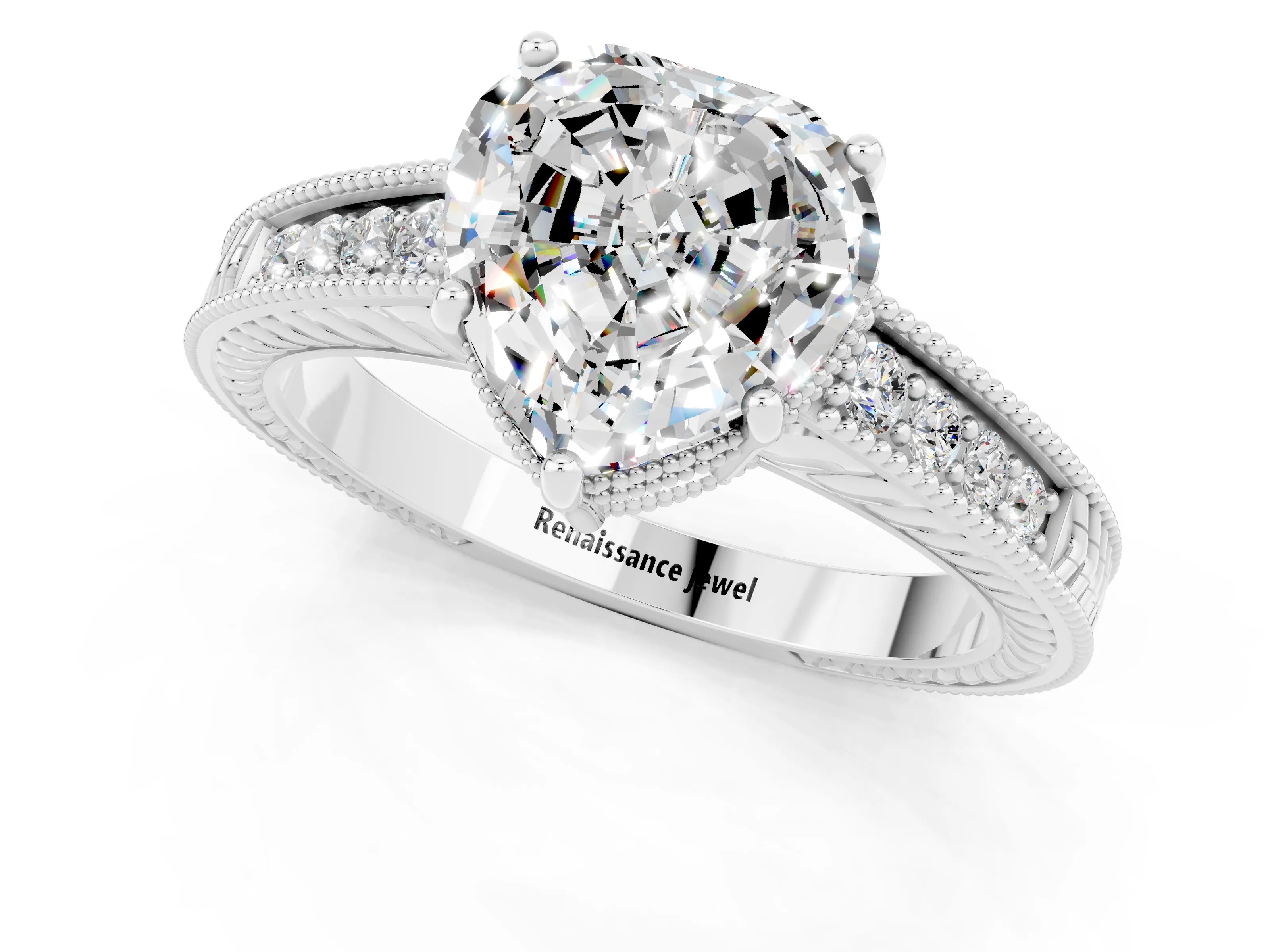 White gold Heart Cut Moissanite Engagement Ring with Milgrain Channel Set Band and Prong Setting_1
