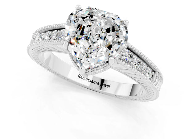 White gold Heart Cut Moissanite Engagement Ring with Milgrain Channel Set Band and Prong Setting
