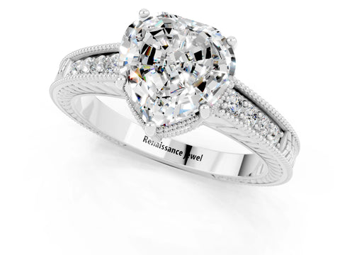 White gold Heart Cut Moissanite Engagement Ring with Milgrain Channel Set Band and Prong Setting_1