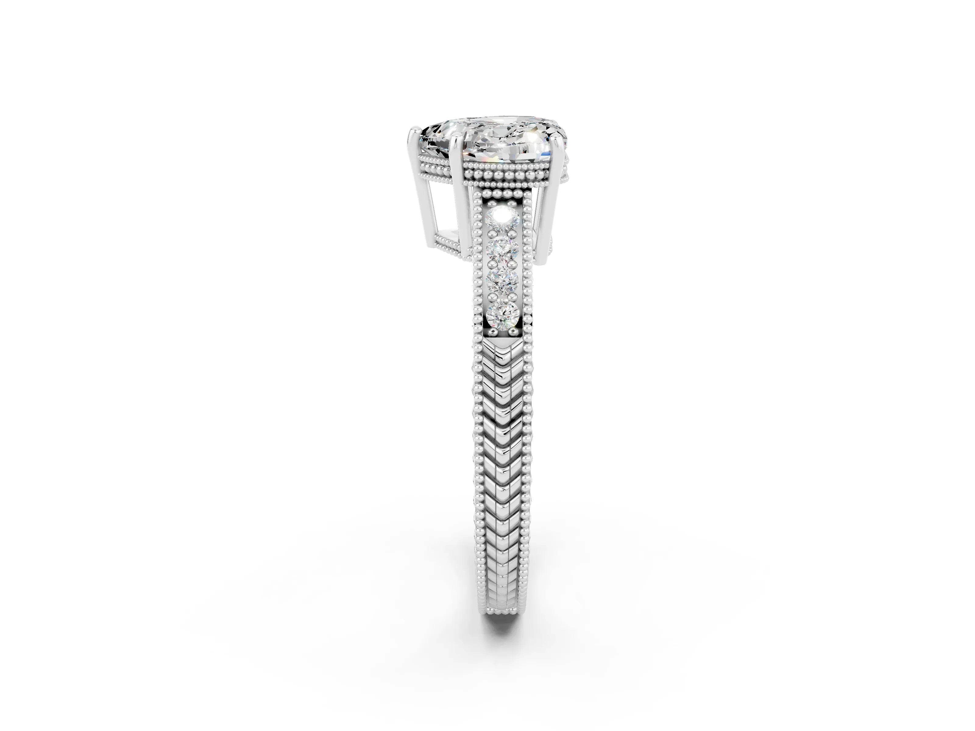 White gold Heart Cut Moissanite Engagement Ring with Milgrain Channel Set Band and Prong Setting_2