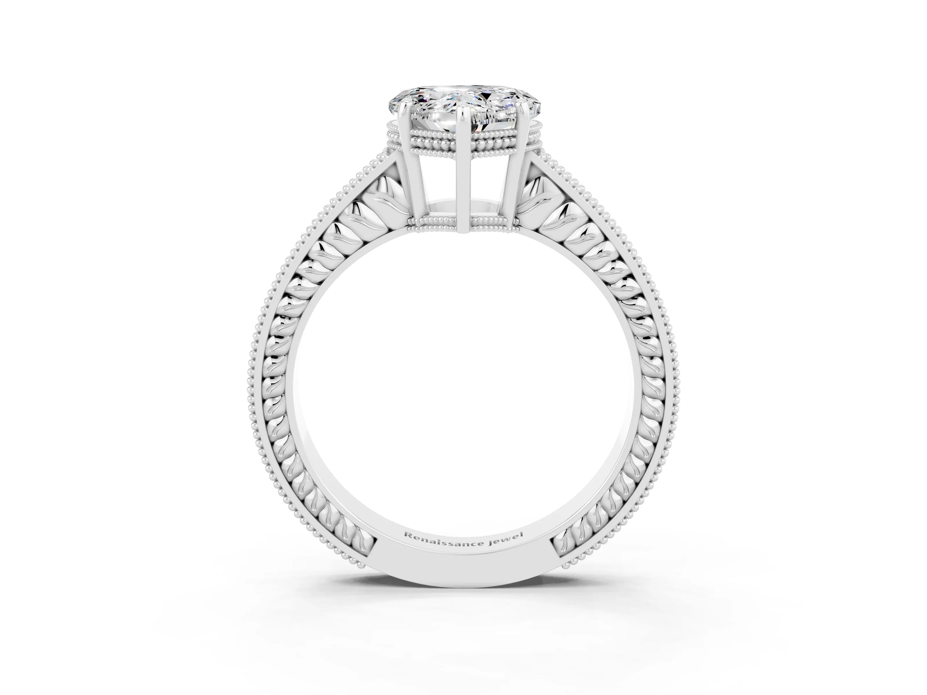 White gold Heart Cut Moissanite Engagement Ring with Milgrain Channel Set Band and Prong Setting_3