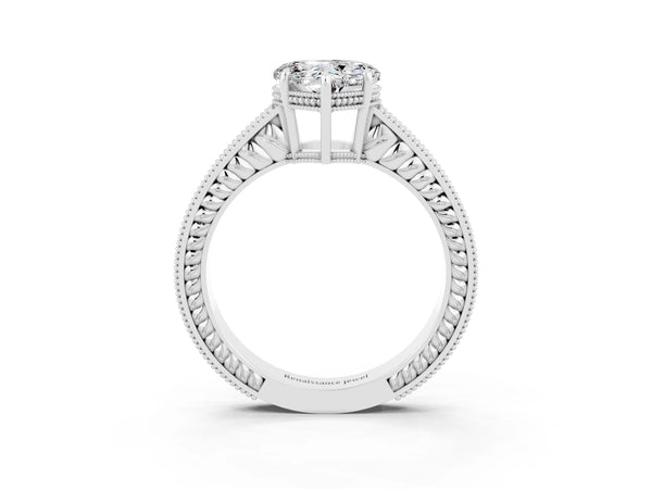 Silver Heart Cut Moissanite Engagement Ring with Milgrain Channel Set Band and Prong Setting