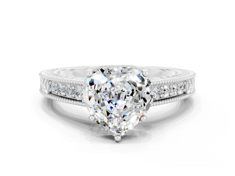 White gold Heart Cut Moissanite Engagement Ring with Milgrain Channel Set Band and Prong Setting