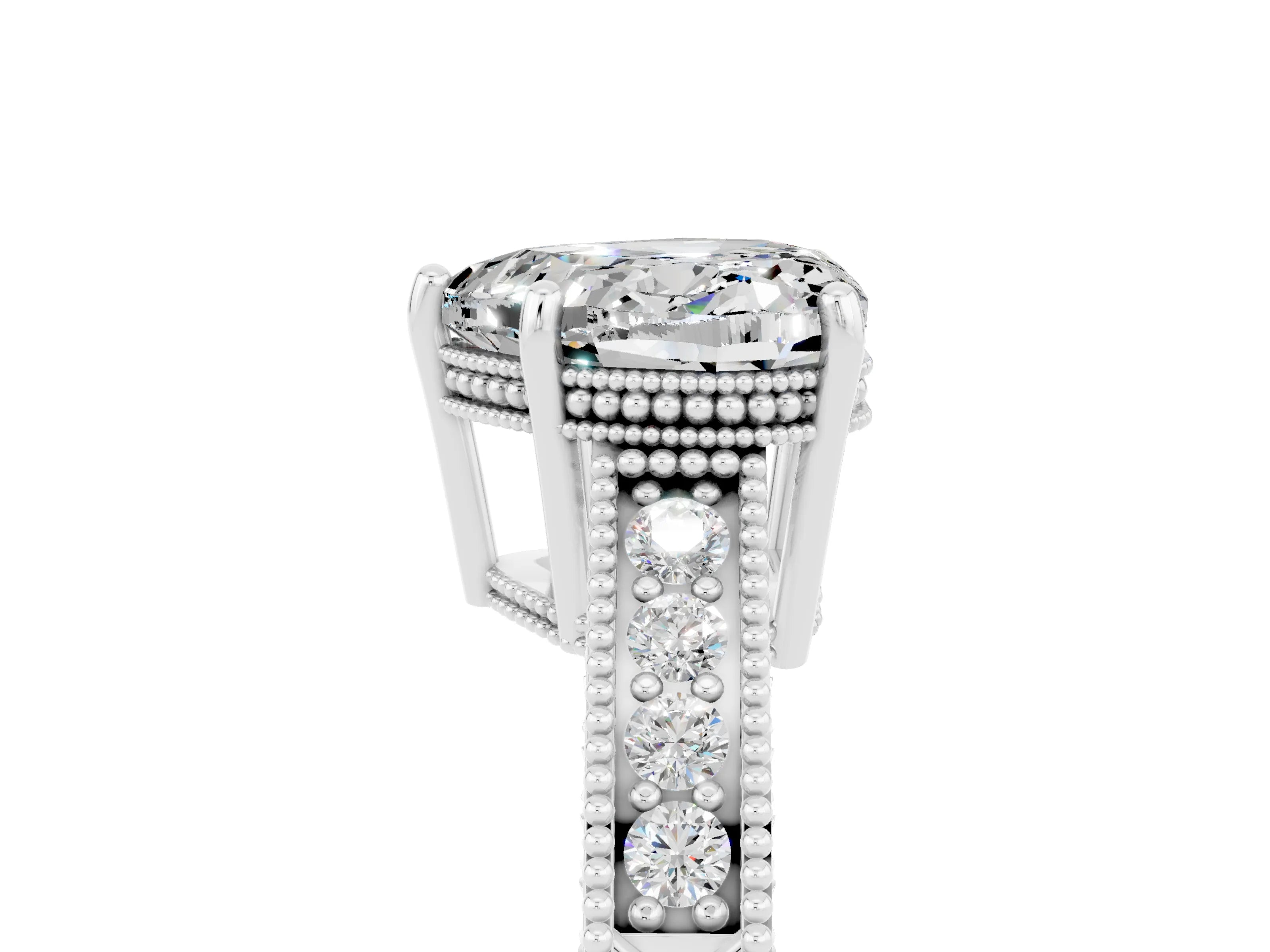 White gold Heart Cut Moissanite Engagement Ring with Milgrain Channel Set Band and Prong Setting_5