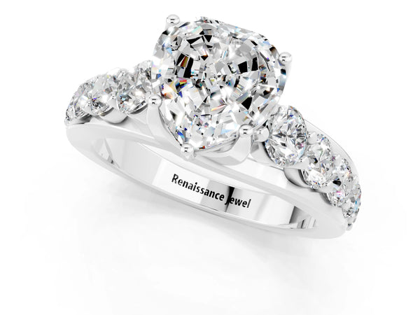 Platinum Heart Cut Moissanite Engagement Ring with Pavé Band and Four-Prong Setting