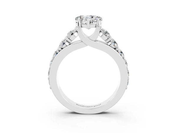 White gold Heart Cut Moissanite Engagement Ring with Pavé Band and Four-Prong Setting