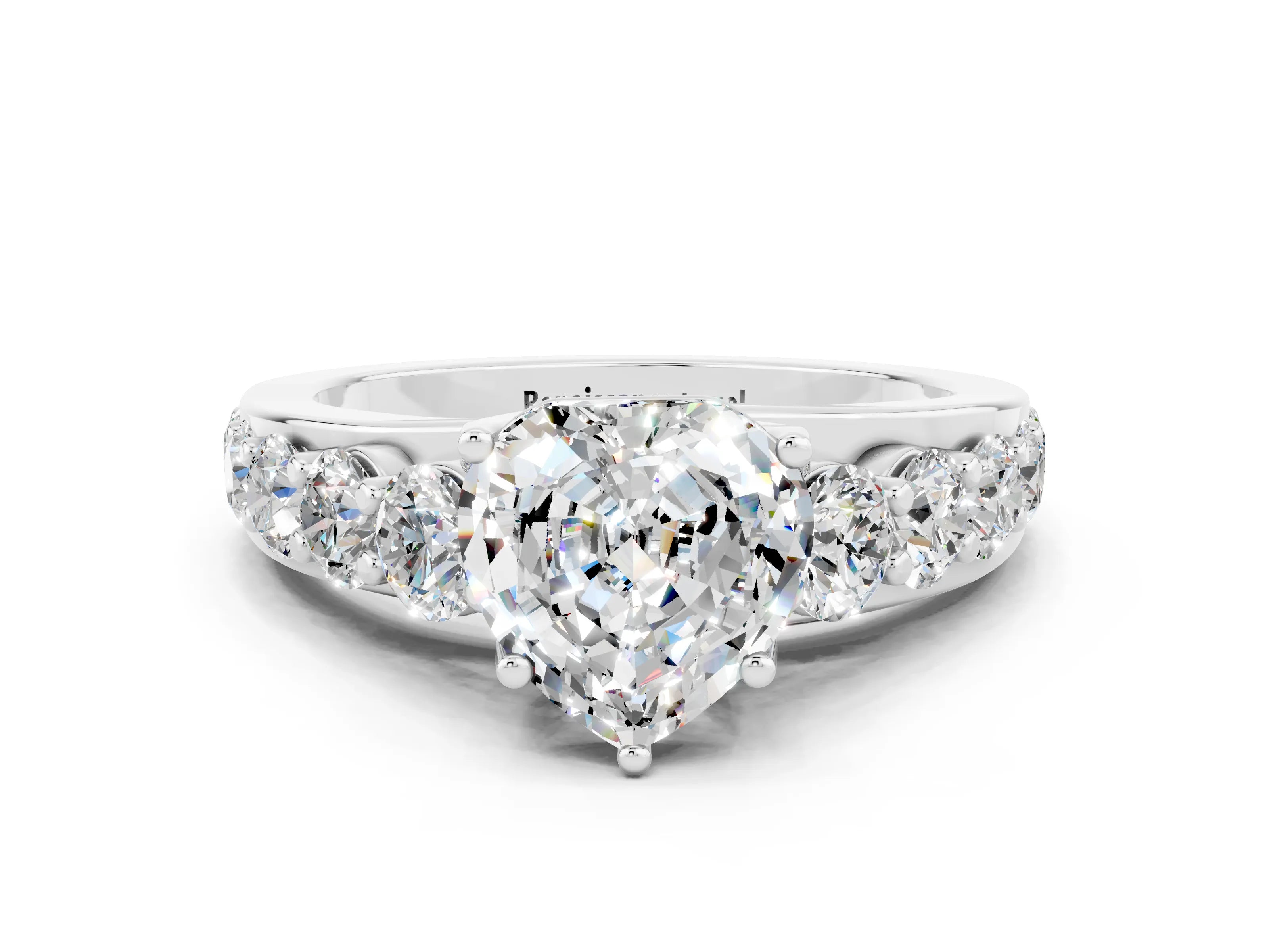 White gold Heart Cut Moissanite Engagement Ring with Pavé Band and Four-Prong Setting
