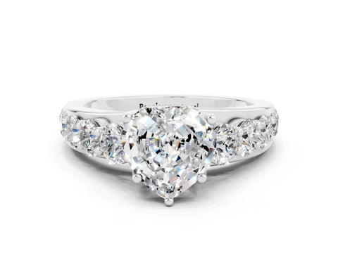 White gold Heart Cut Moissanite Engagement Ring with Pavé Band and Four-Prong Setting