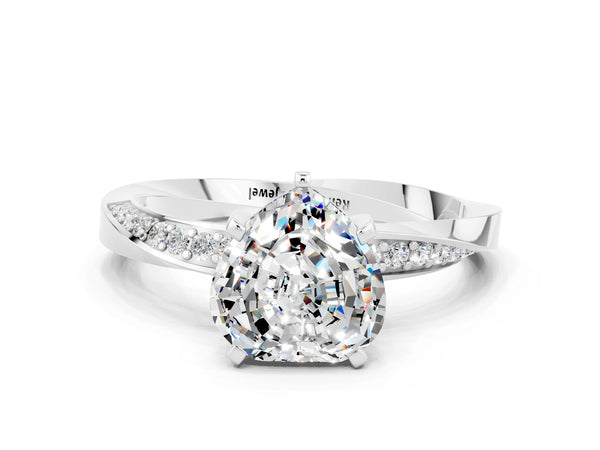 Platinum Heart Cut Moissanite Engagement Ring with Side Stone Accents and Four-Prong Setting