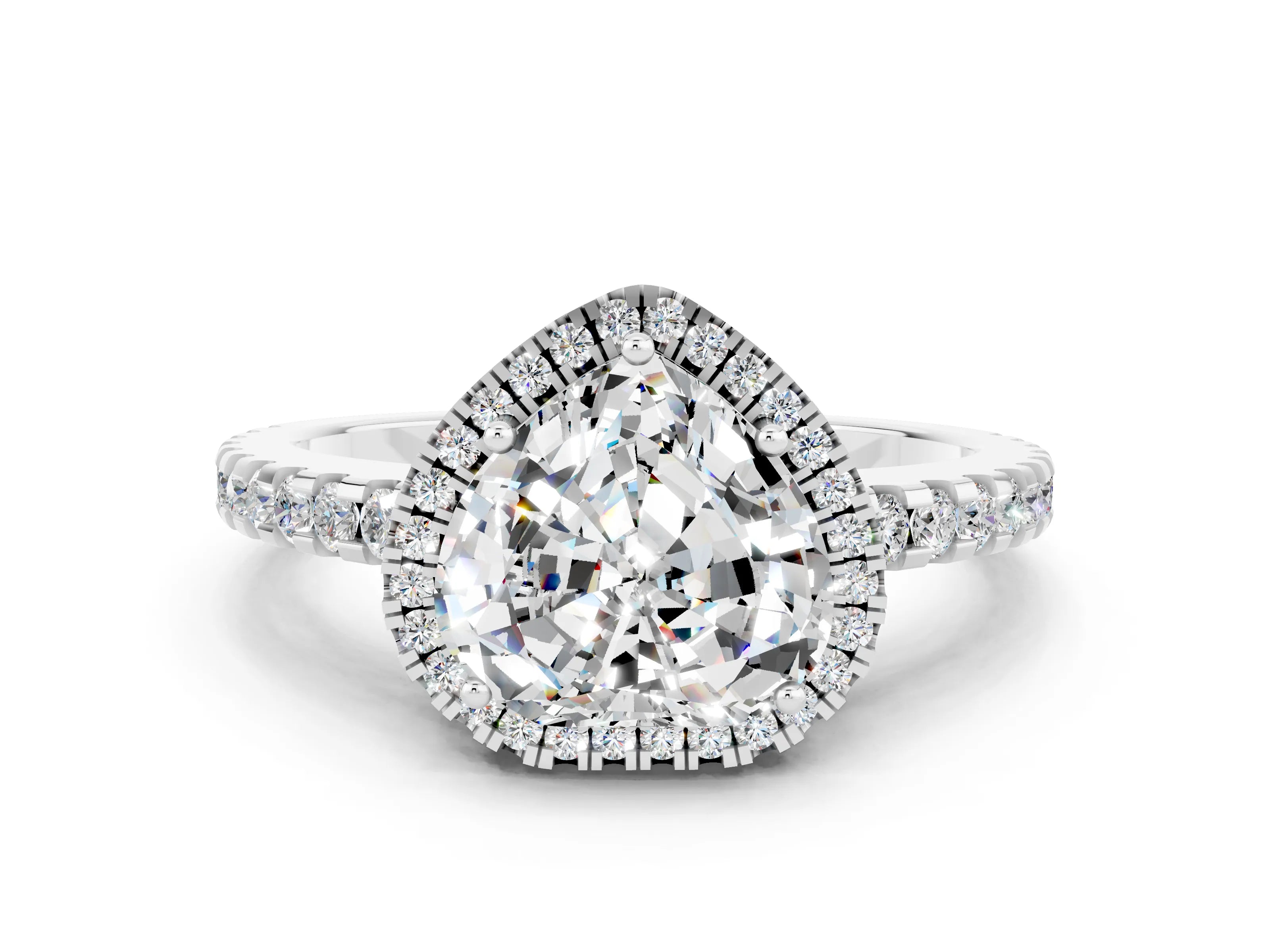 White gold Heart Cut Moissanite Halo Engagement Ring with Pavé Band and Prong Setting_12