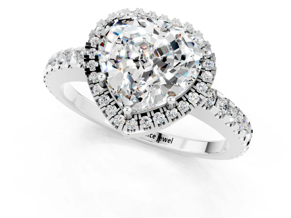 Platinum Heart Cut Moissanite Halo Engagement Ring with Pavé Band and Prong Setting