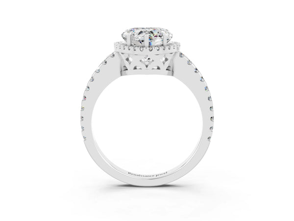 Platinum Heart Cut Moissanite Halo Engagement Ring with Pavé Band and Prong Setting