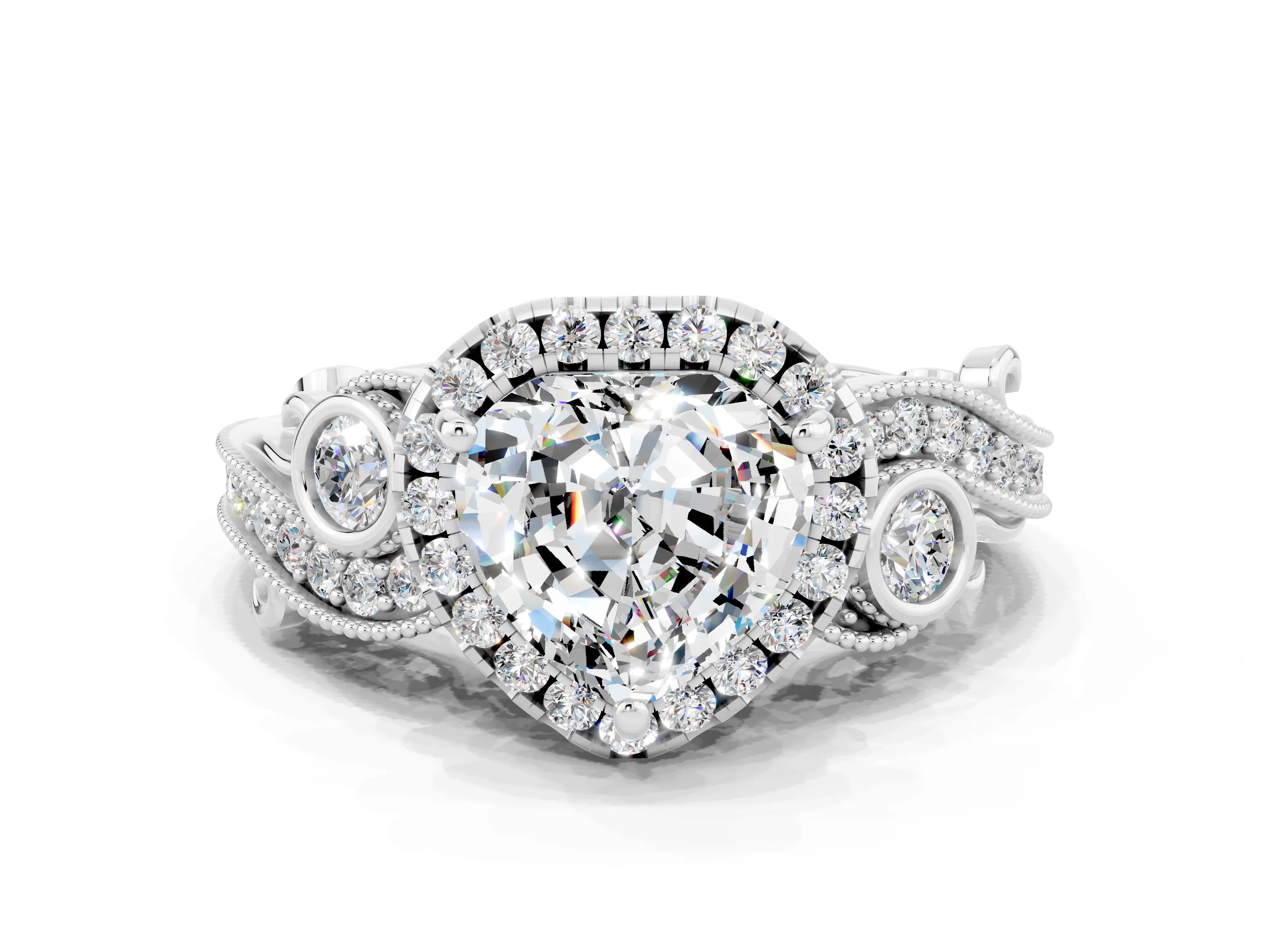 White gold Heart Cut Moissanite Halo Ring with Milgrain Pavé Band and Four-Prong Setting_12
