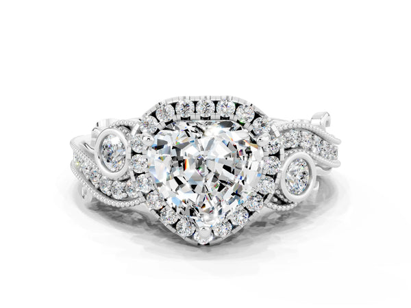 White gold Heart Cut Moissanite Halo Ring with Milgrain Pavé Band and Four-Prong Setting