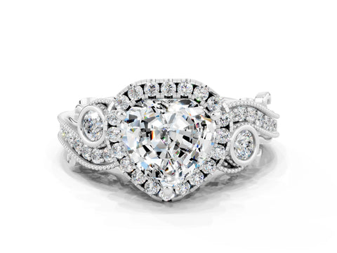White gold Heart Cut Moissanite Halo Ring with Milgrain Pavé Band and Four-Prong Setting_12