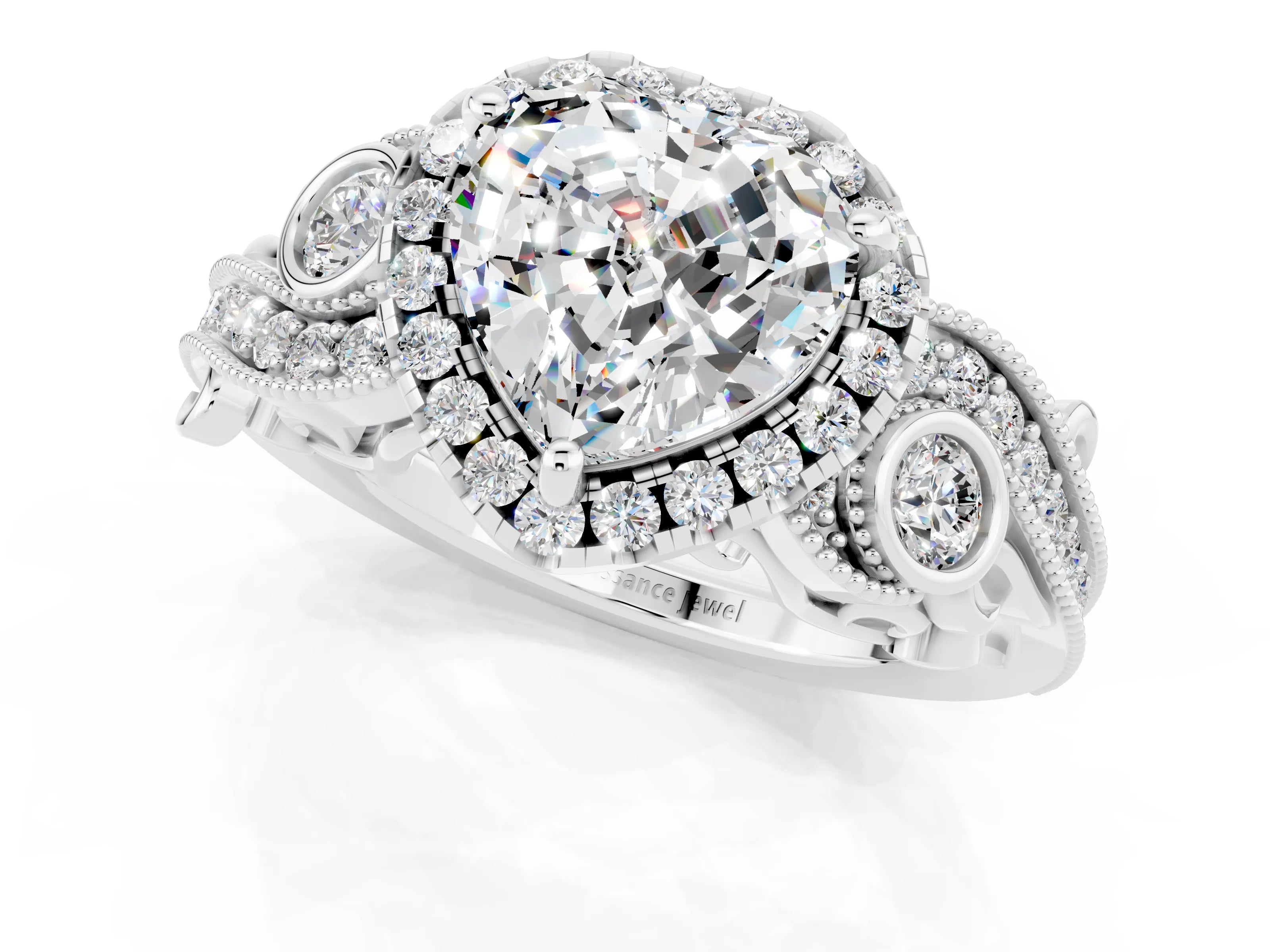 White gold Heart Cut Moissanite Halo Ring with Milgrain Pavé Band and Four-Prong Setting_13