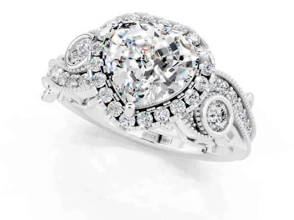 White gold Heart Cut Moissanite Halo Ring with Milgrain Pavé Band and Four-Prong Setting