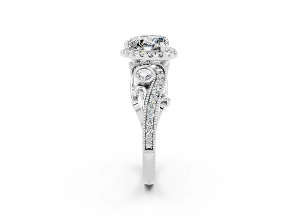 Platinum Heart Cut Moissanite Halo Ring with Milgrain Pavé Band and Four-Prong Setting