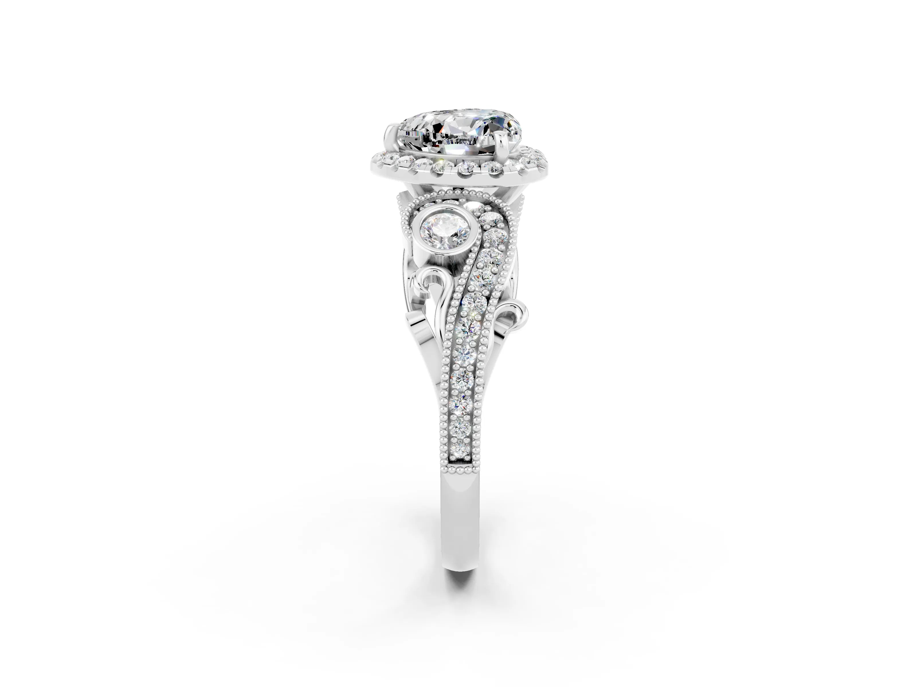 White gold Heart Cut Moissanite Halo Ring with Milgrain Pavé Band and Four-Prong Setting_14