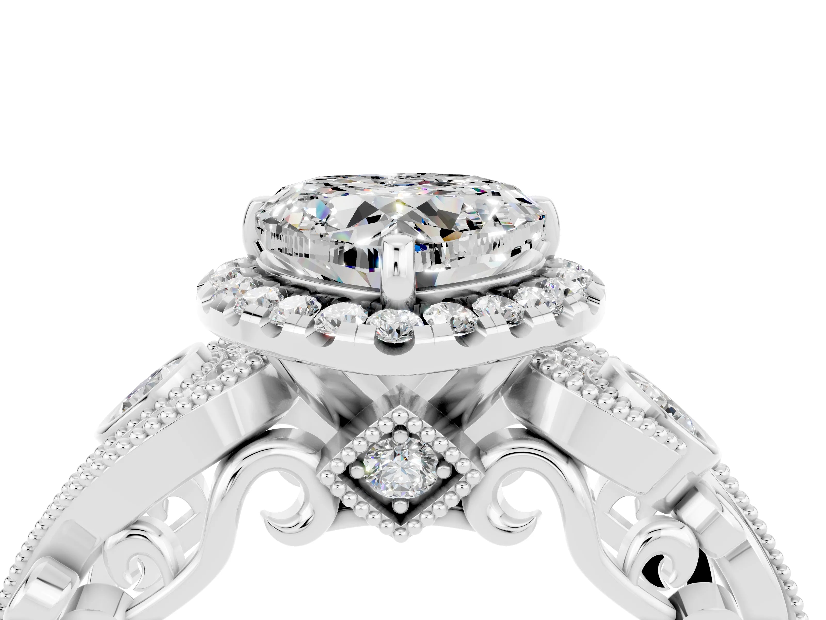 White gold Heart Cut Moissanite Halo Ring with Milgrain Pavé Band and Four-Prong Setting_16