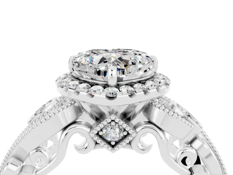 White gold Heart Cut Moissanite Halo Ring with Milgrain Pavé Band and Four-Prong Setting_16