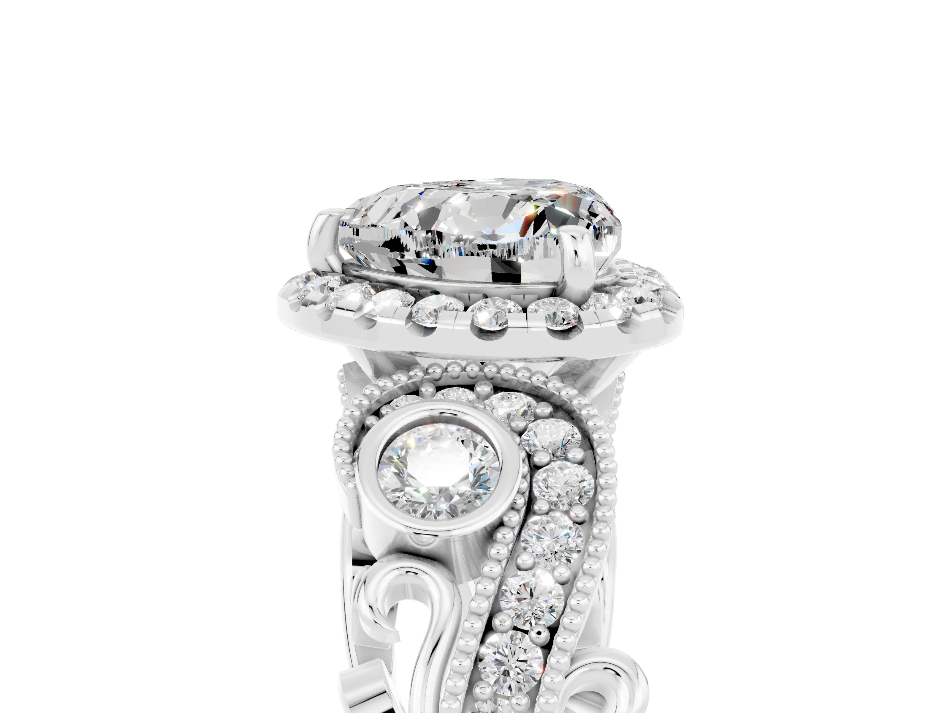 White gold Heart Cut Moissanite Halo Ring with Milgrain Pavé Band and Four-Prong Setting_17