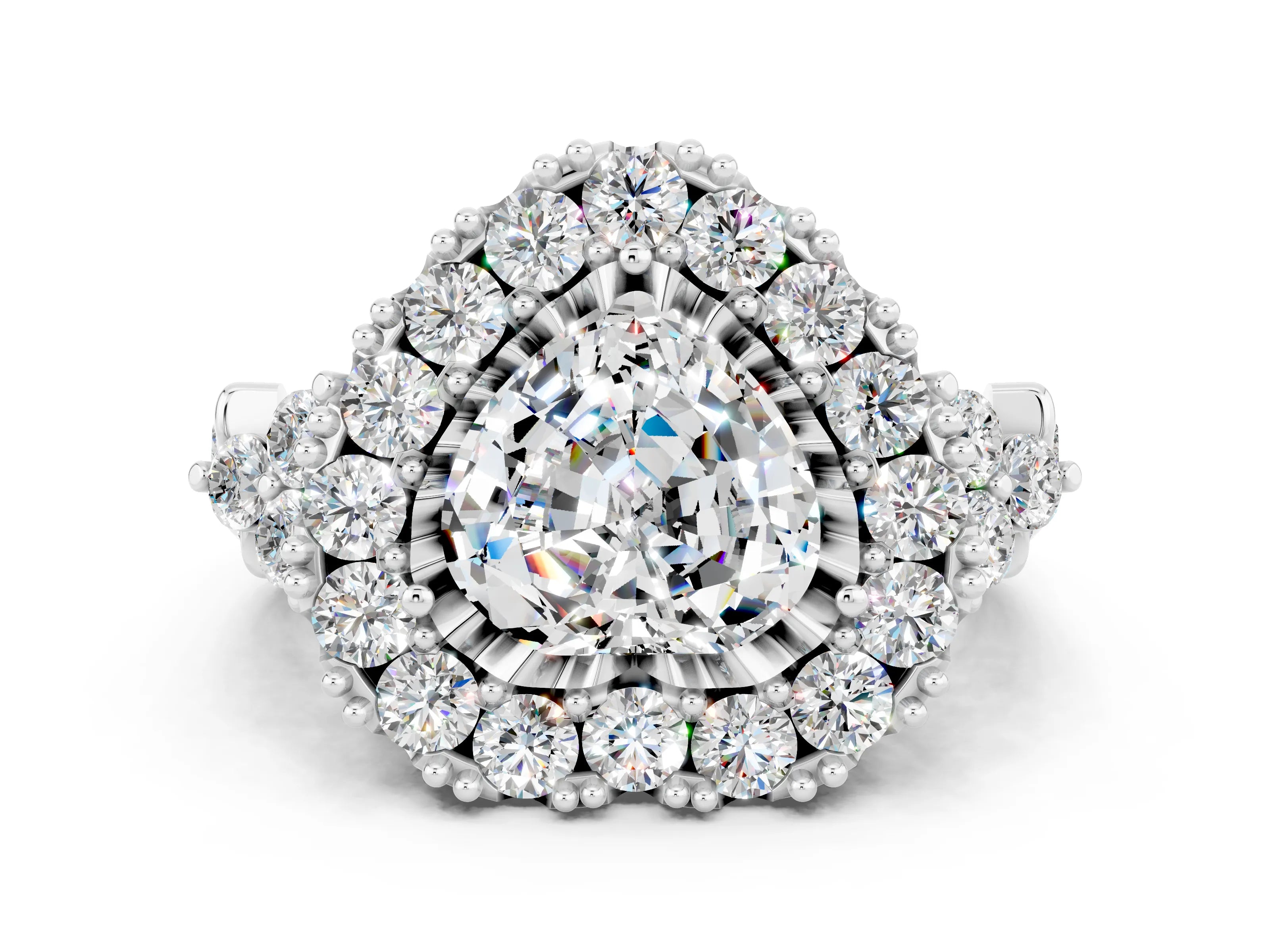 White gold Heart Cut Moissanite Halo Ring with Pavé Band and Four-Prong Setting_12