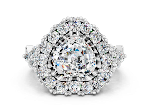 Silver Heart Cut Moissanite Halo Ring with Pavé Band and Four-Prong Setting