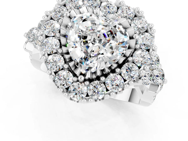 Silver Heart Cut Moissanite Halo Ring with Pavé Band and Four-Prong Setting